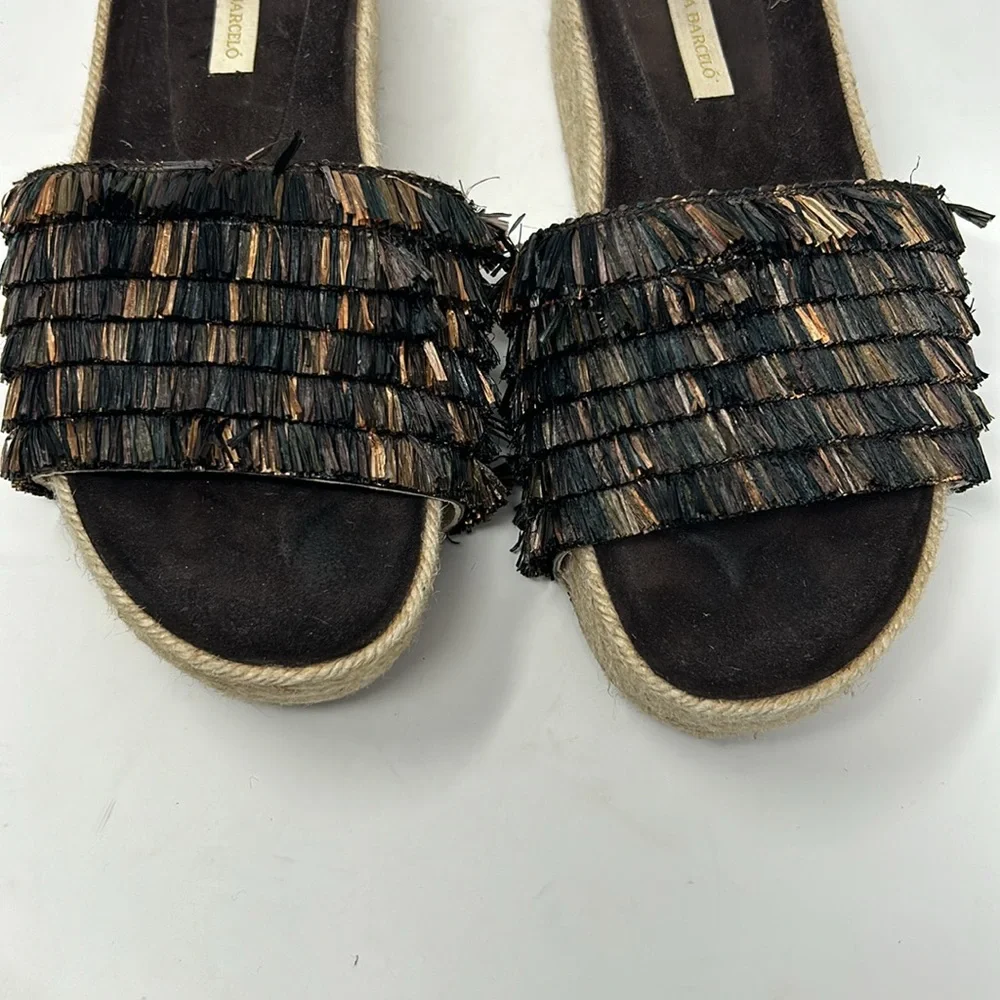 Paloma Barcelo Brown Raffia Espadrille Slip On Slide Platform Sandals EU Size 39